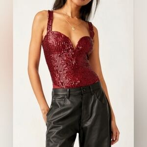 Free People Red Sequin Bodysuit